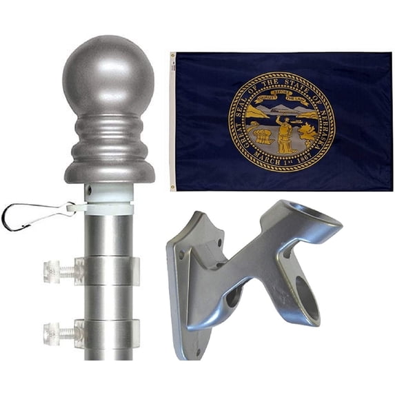 State Flag and Tangle Free Flagpole Set, Choose from All 50 State 3'x5' Flags with a Residential or Commercial Flag Pole, Includes State Flag, Flag Pole and Adjustable White Bracket Nebraska