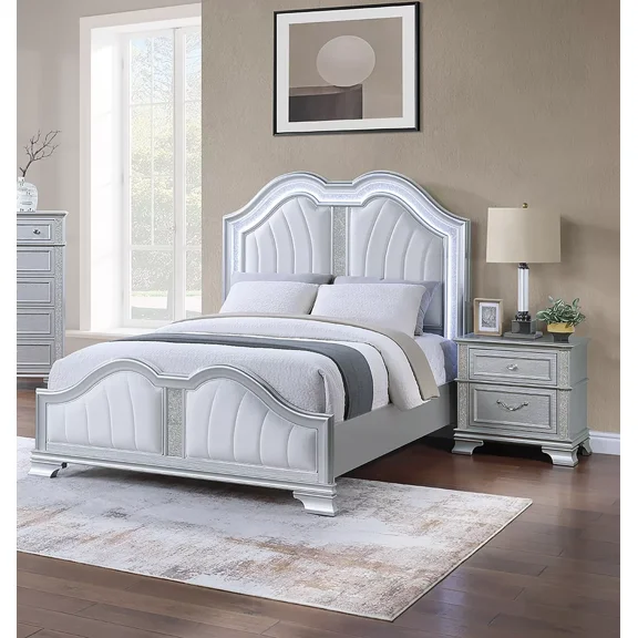 3pc Bedroom Set Queen Size Bed Nightstands Light Gray Arched HB FB Glitter Strip Accent Luxury Furniture