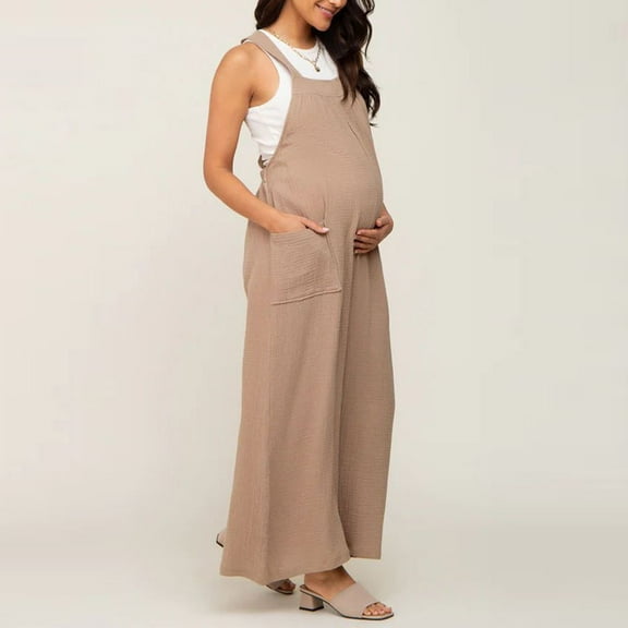 BRGZLK Maternity Summer Jumpsuits Summer Trendy Solid Color Casual Loose Fit Comfortable Maternity Sleeveless Wide Leg Overalls Work Pants with Front Pocket Khaki XL
