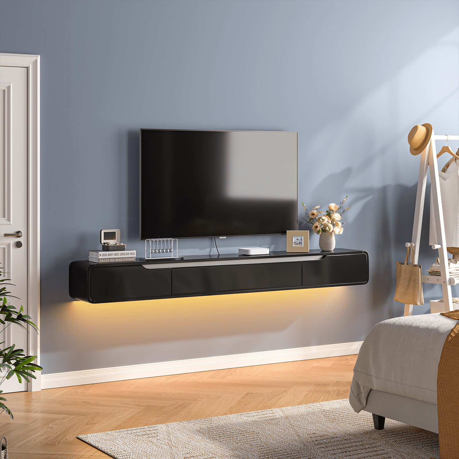 FloatiCasa 55-inch High Gloss Fully Assembled Floating TV Stand Wall-Mounted TV Console for TVs up to 60" Modern Entertainment Center with Storage