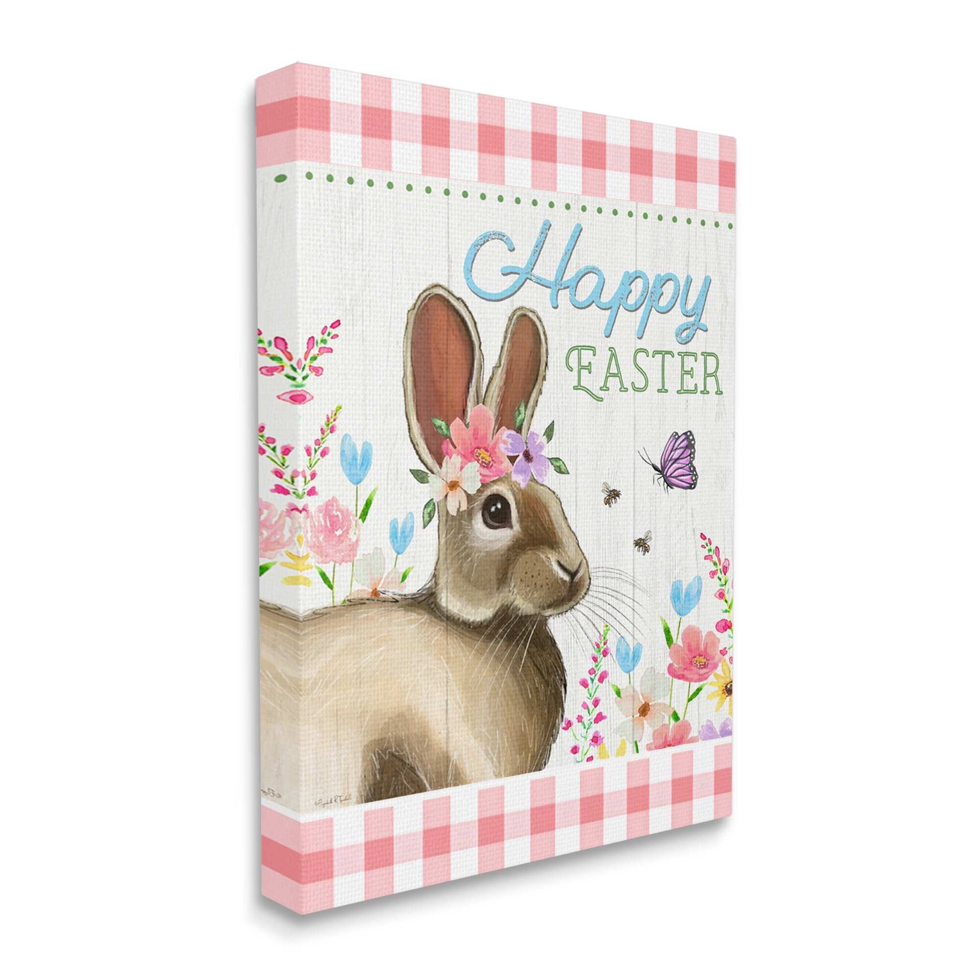 Stupell Happy Easter Floral Gingham Rabbit Holiday Painting Gallery Wrapped Canvas Print Wall Art