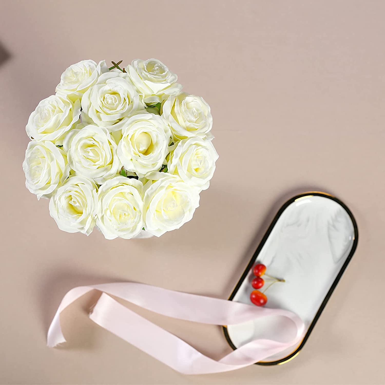 12PCS Artificial Silk Flowers Realistic Roses Bouquet Long Stem for Home Wedding Decoration Party (White)