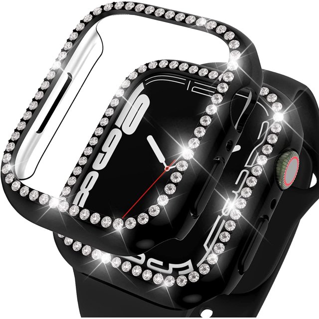 Case Compatible with Apple Watch Series 7 45mm, Hard PC Bling Rhinestone Plating Watch Cover Full Edge Bumper Frame (Without Screen Protector) for iWatch Series 7, Black, 1 Pc