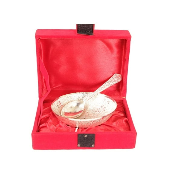 Indian Art Villa Handmade Silver Plated Bowl with 1 Spoon, Silver, with Red Velvet Gift Box, Gifting and Decorative - 4.4 oz