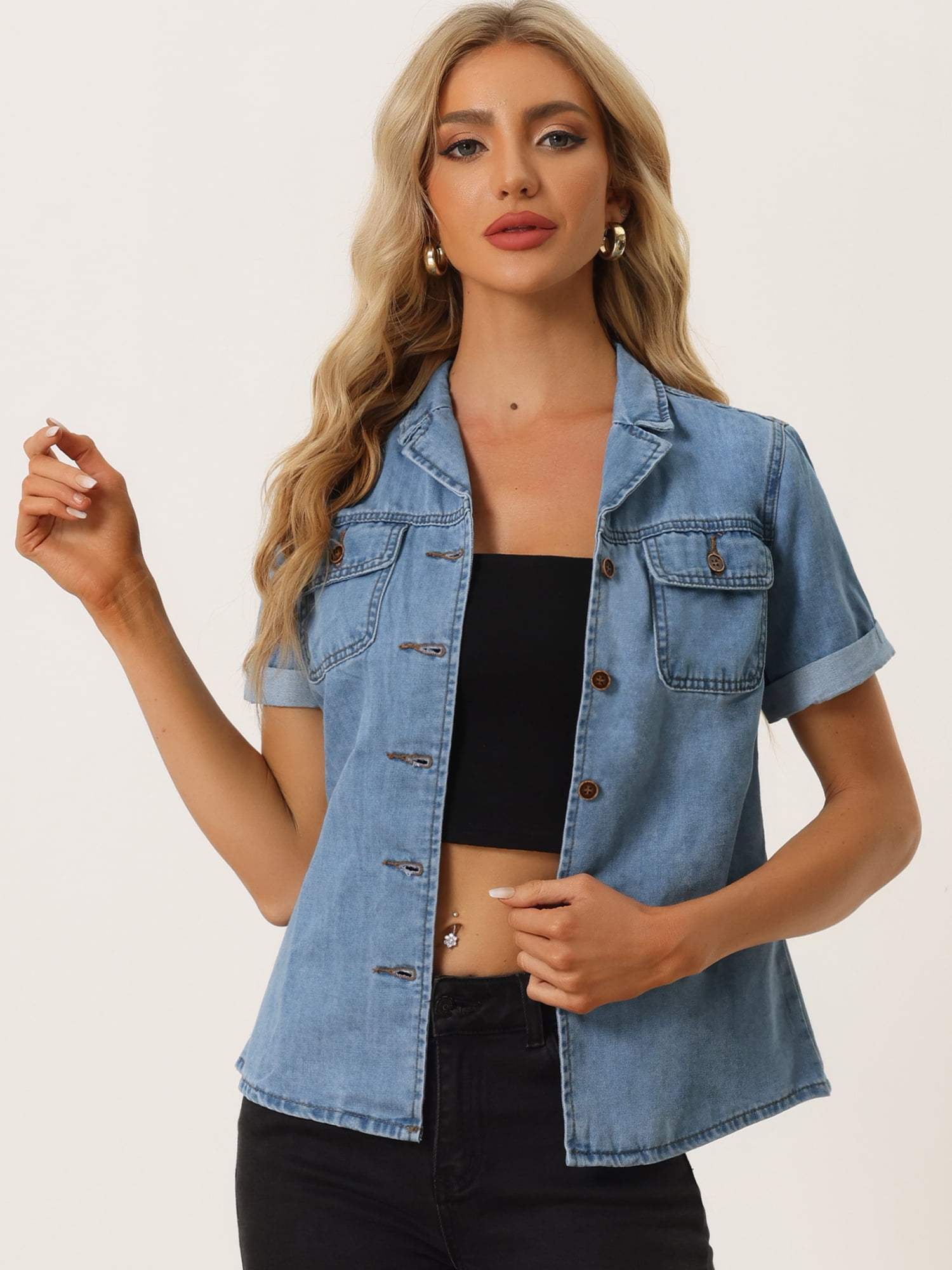 DARING DIVA Women's Denim Collared Short Sleeve Chest Pocket Button Up Shirt XL Light Blue