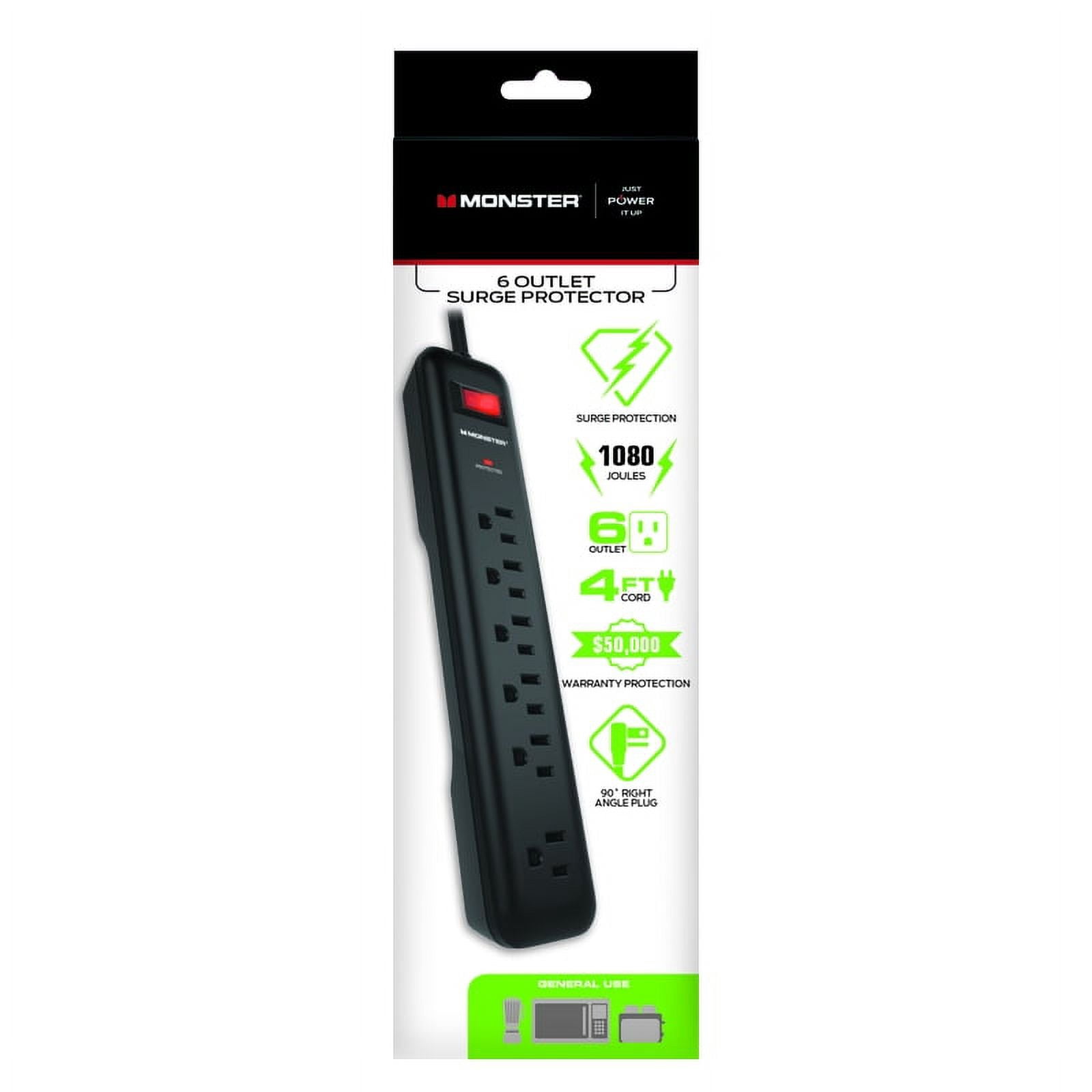 Monster 3001097 4 ft. 6 Outlets Power Strip with Surge Protection, Black