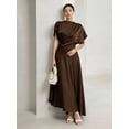 thumbnail image 5 of Coffee Brown Solid Color Round Neck Batwing Short Sleeve Pleated Maxi Dress For Women, 5 of 7