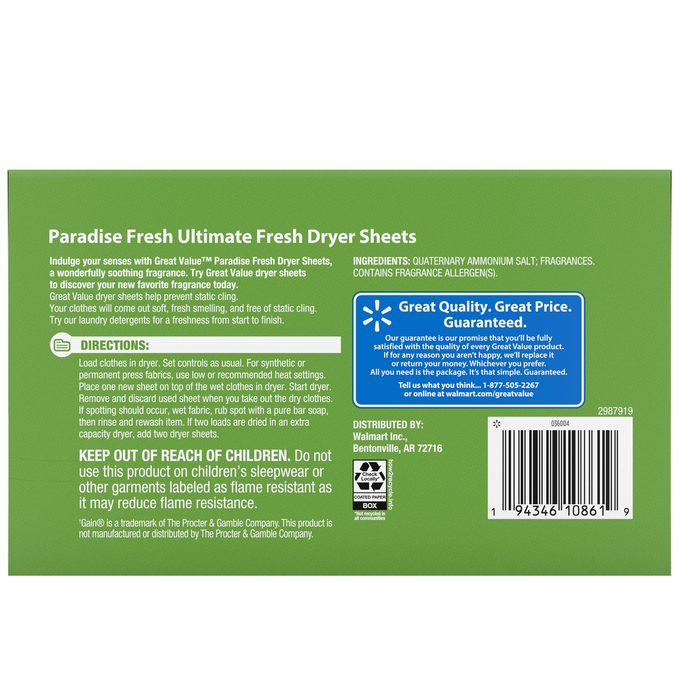 Great Value Ultimate Fresh Dryer Sheets, Paradise Fresh, 180 Count, Compare to Gain®