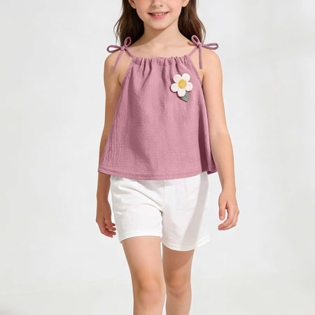 DAETIROS Girls Summer Play Clothes Set 2 Piece Pink Cami Top & High Waist Shorts with 3D Flower Adjustable Straps for Kids Kids Size 0-1 T