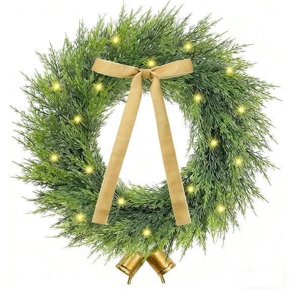 Yastouay 24 inch Christmas Wreath for Front Door, Christmas Norfolk Pine Wreath with Lights, Ribbon Bell for Indoor Outdoor Wall Windows Christmas Home Decor