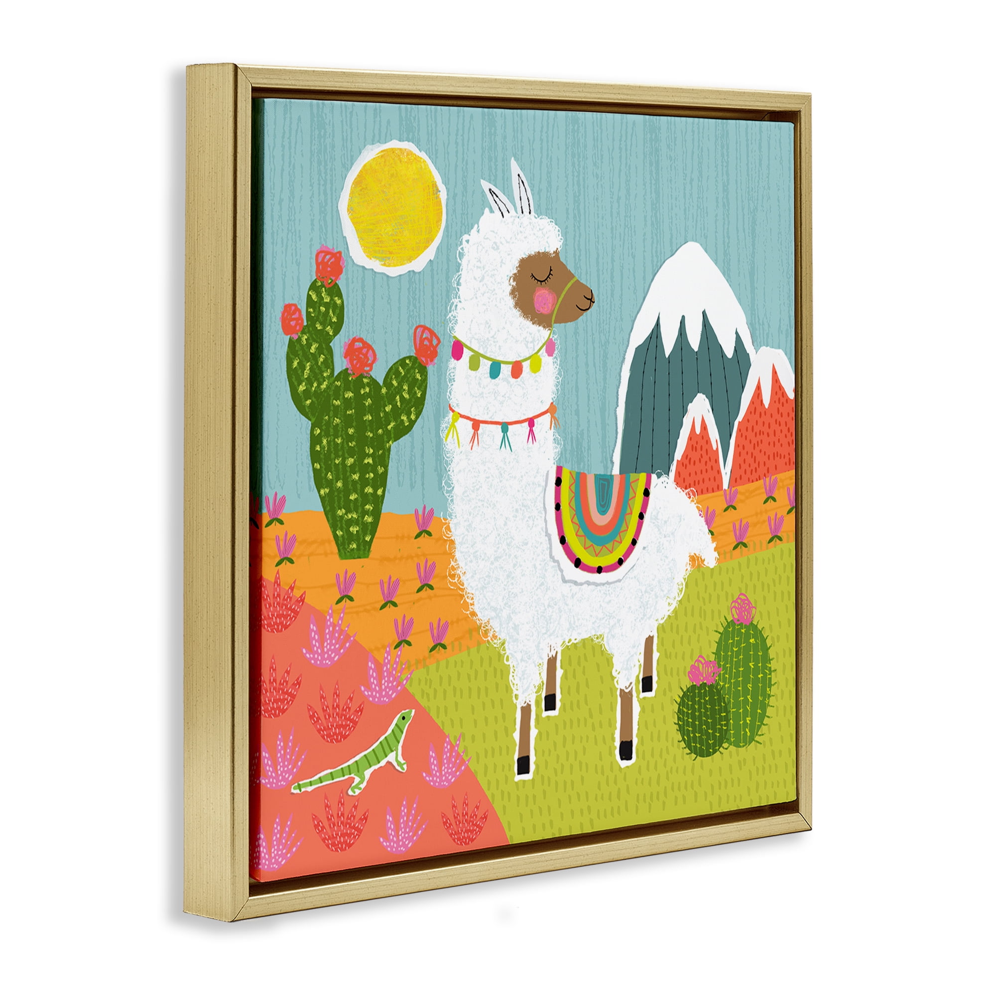 Stupell Industries Whimsical Llama Scene Animals Painting Gold Floater Framed Canvas Art Print Wall Art, 25 x 25