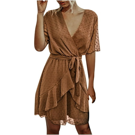 

Maxi Dress for Women Wedding Dress Womens V-neck Pure Color Chiffon Elastic Waist Ruffled Short-Sleeved Dress Sundresses for Women Mother of The Bride Dresses Savings Clearance Brown M