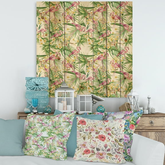 Designart 'Yellow Flowers, Tropical Foliage With Flamingo II' Modern Print on Natural Pine Wood