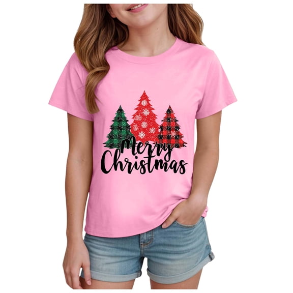 Povozer Girls Christmas Shirt Kids Christmas Tree Graphic T-Shirt Comfortable Breathable Stylish Print Short Sleeved Top For Girls,Size 3-4 Years,Pink
