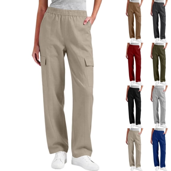 Kelon Linen Pants for Women Elastic Waisted Casual Palazzo Straight Leg Pants Summer Beach Trouser S-2XL