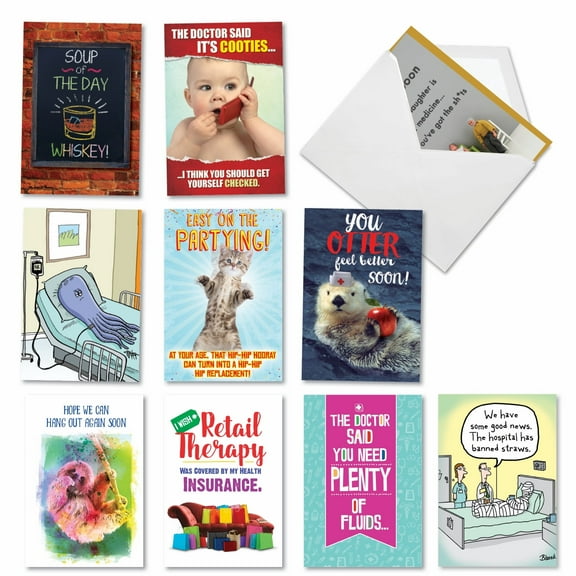 10 Assorted Get Well Soon Cards Funny - Best Remedies Feel Better - AC9373GWG-B1x10