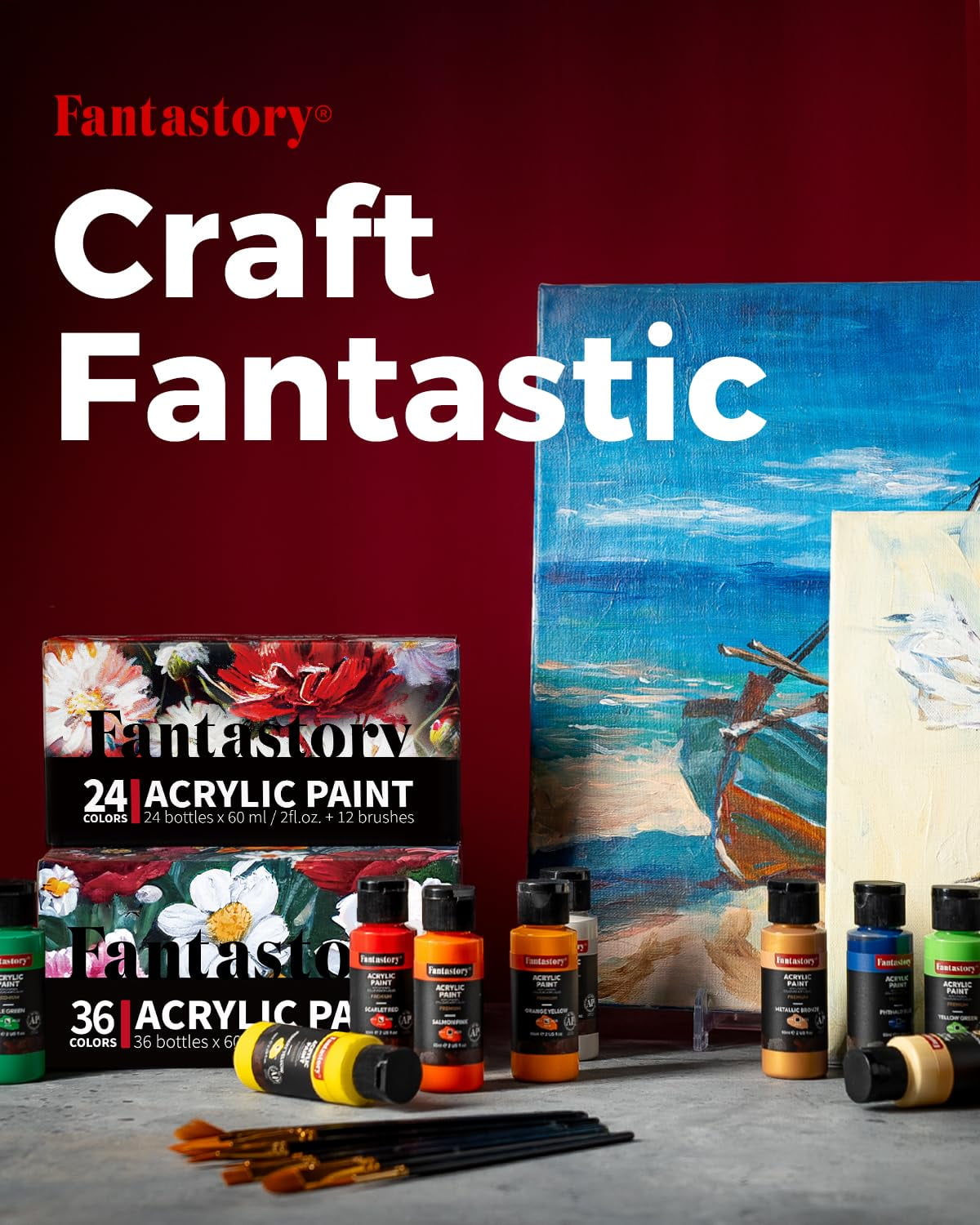 Fantastory Acrylic Paint Set 36 Colors(2oz/60ml) w/ 12 Brushes, Pro Craft Thick Paint Kits.