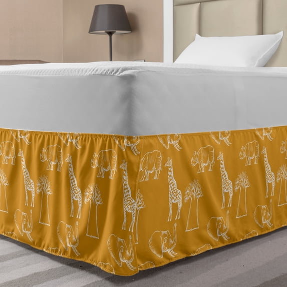 Orange and White Bed Skirt, White Silhouettes of Safari Savannah Mammals and Trees, Elastic Bedskirt Dust Ruffle Wrap Around for Bedding Decor, 4 Sizes, Dark Orange and White, by Ambesonne