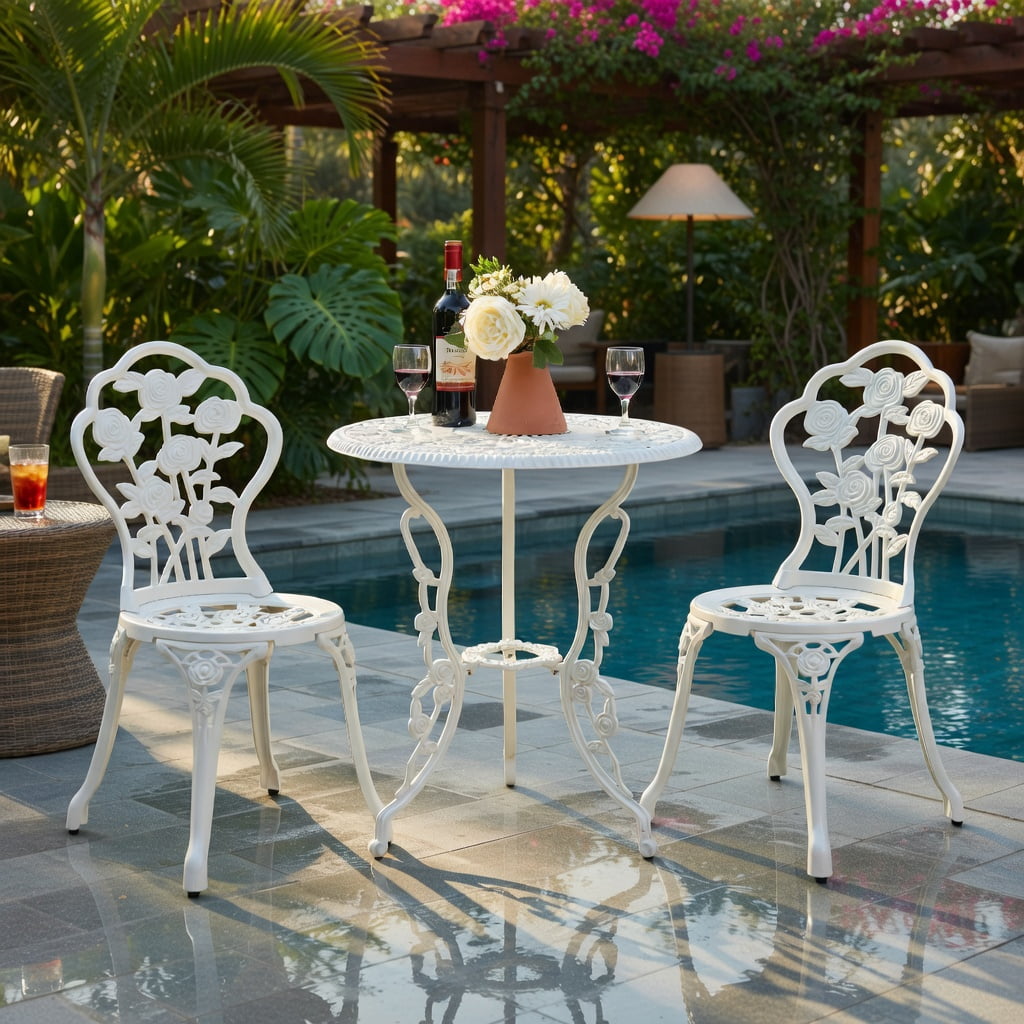 Hommoo Cast Aluminum Outdoor Patio Furniture Set, 3-Piece Rose-Embellished Table and Chairs for Balcony, Deck, Garden or Poolside, White