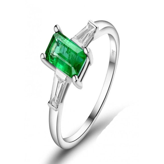1.25 Carat emerald cut Emerald & baguette Diamond Engagement Ring in 14k White Gold affordable emerald & diamond engagement ring