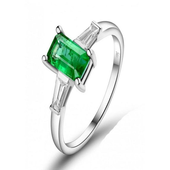 1.25 Carat emerald cut Emerald & baguette Diamond Engagement Ring in 14k White Gold affordable emerald & diamond engagement ring