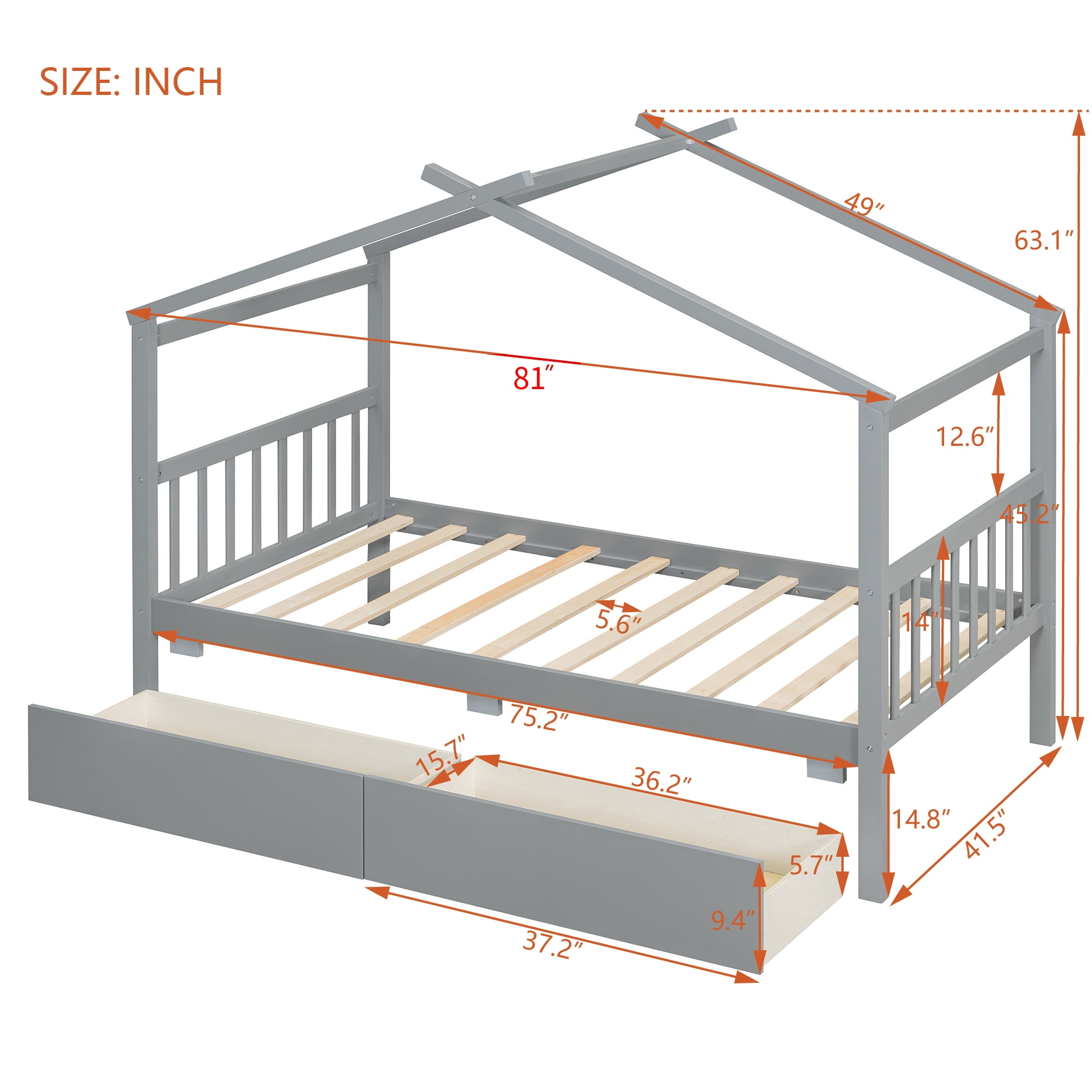 Aukfa Twin Size House Bed with Two Storage Drawers for Kids, Solid Wood Montessori Bed Frame, Gray