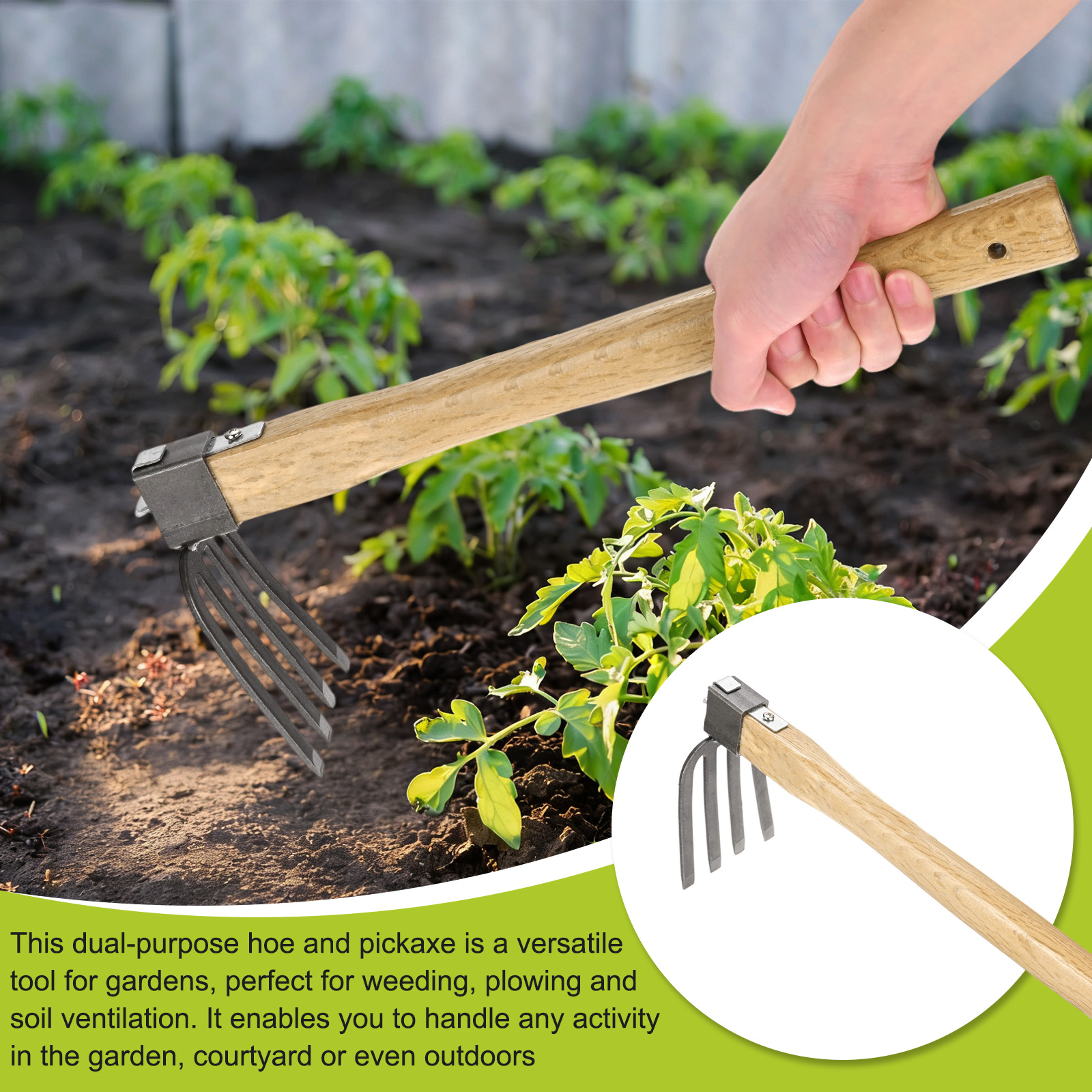 Japanese Hand Tiller/Rake for Garden, 15.4 Inches Stainless Steel Cultivator with Garden Hoe for Digging, Weeding, and Planting, Gardening Tool with Wooden Handle