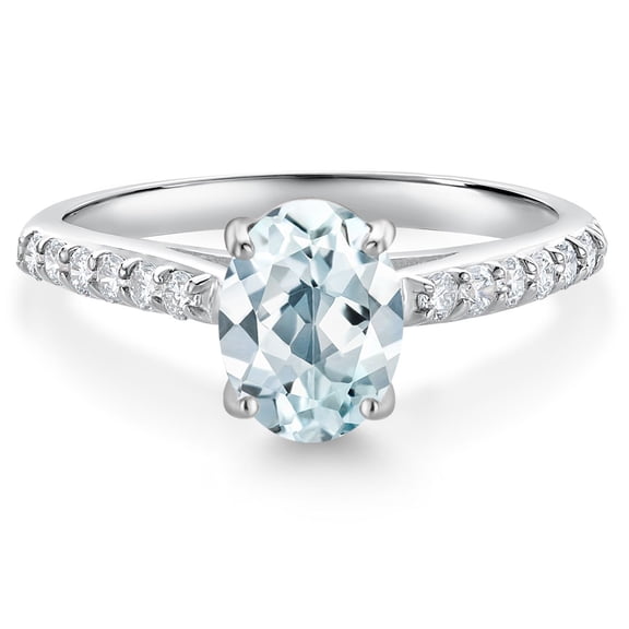 Gem Stone King 10K White Gold Sky Blue Aquamarine and White Lab Grown Diamond Engagement Ring for Women | 1.38 Cttw | Oval 8X6MM | Gemstone Birthstone | Wedding Anniversary Promise Ring | Size 8