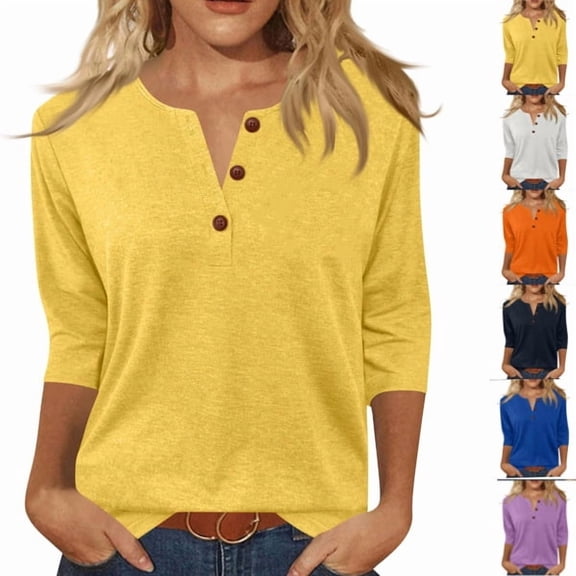 Womens Tops 3/4 Length Sleeve V Neck Button Down Shirts Business Casual Basic Tees Summer Tunic Tops 2026,Yellow 5XL