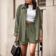 thumbnail image 2 of 2 Piece Sets for Women Shorts Summer Outfits Women Solid Spring Long Sleeve Shirt and High Waist Drawstring Shorts Summer Sets Fashion Casual, 2 of 5