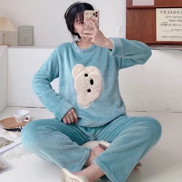 Pyjama Femme Automne Hiver Coréen kawaii à Rayures Ensemble de Pyjama Flanelle Chaud Tenue de Nuit Femme Mode Pijama Mujer Vêtements de Maison Pyjamas