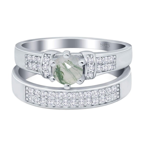 Natural Green Moss Agate Size-5 Two Piece Art Deco Round Vintage Style Cluster CZ Wedding Set Bridal Engagement Ring 925 Sterling Silver Gifts For Her
