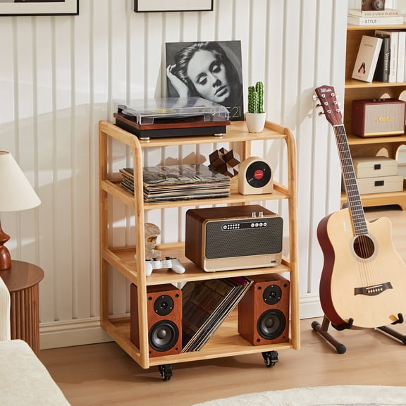 YOCWO 4-Tier Solid Wood AV Media Player Stand with Wheels, Record Player Table, Vinyl Record Storage Rack, CD Shelf, and Game Console Organizer for Living Room & Bedroom, Natural