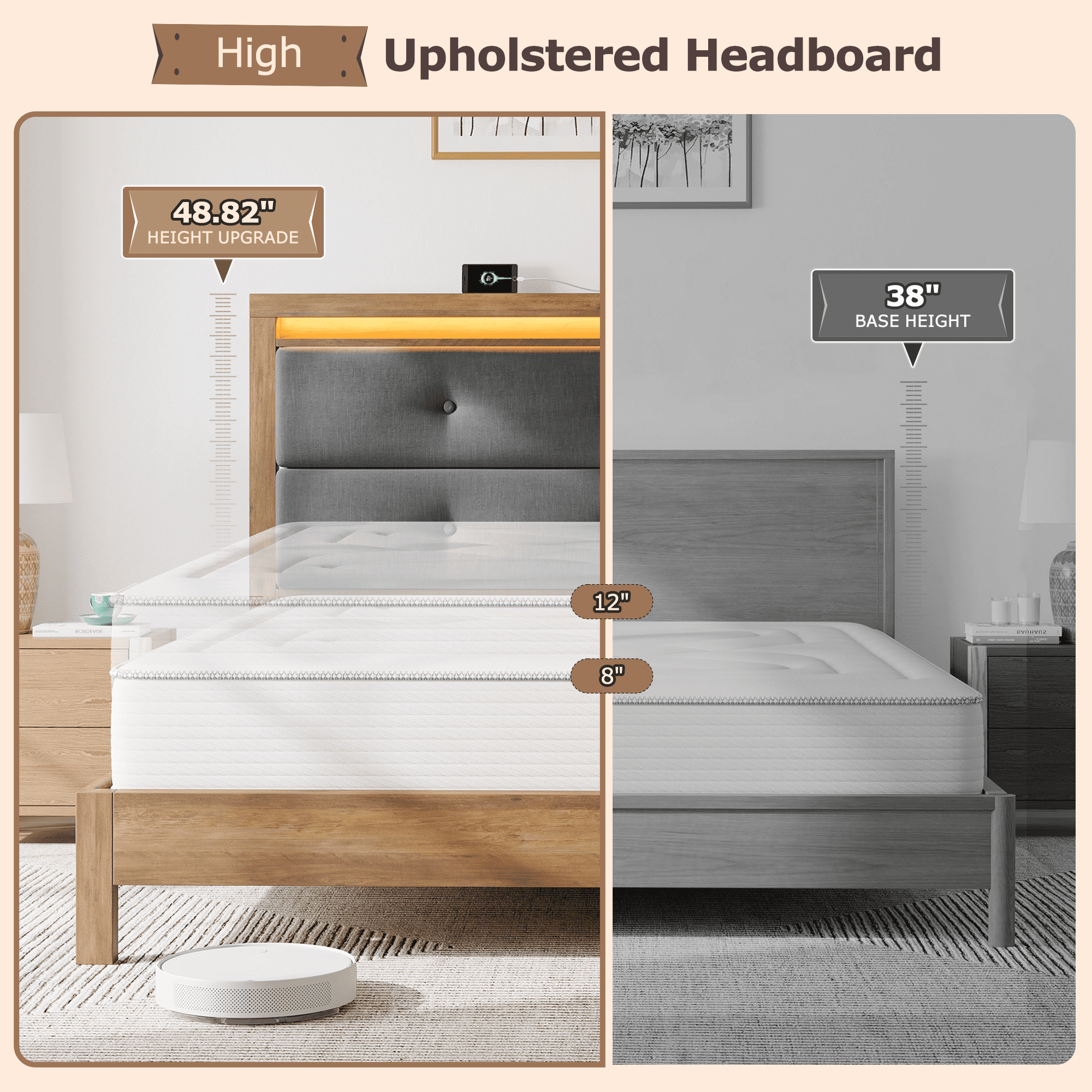 King Size Bed Frame with Headboard & Charging Station & LED Lights Upholstered Bed Frame with Storage Platform Wood Bed
