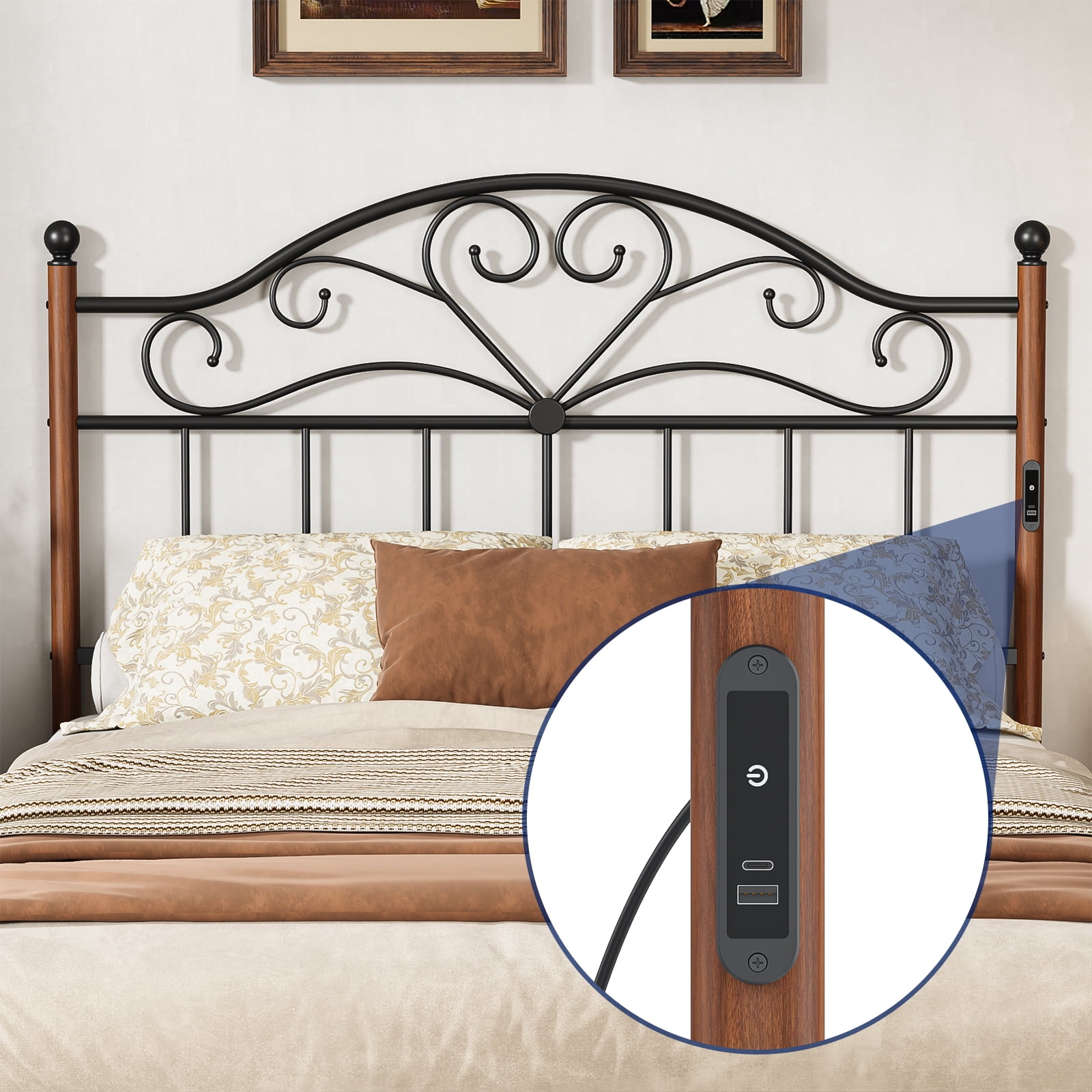 Yoneston Vintage Metal Queen Headboard with Charging and 3-Level Height Adjustment for Queen Adult Bed, Black