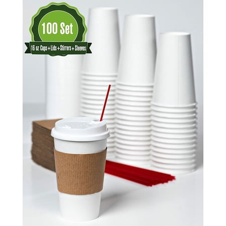 16oz [100 Set] Disposable White Paper Coffee Cups with Lids, Sleeves and Stirrer