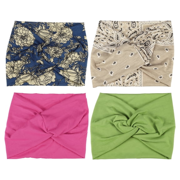 Unique Bargains Fashion Bohemia Widening Knotted Headwrap Rose Red Green Khaki Blue 4pcs