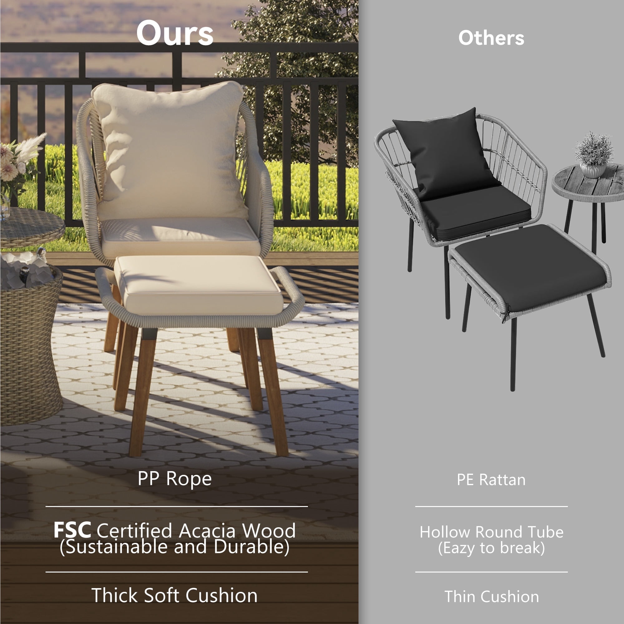 5 PCS Outdoor Rattan Furniture Set, Patio Lounge Chairs with Storage Ottoman Footrest, All Weather Cushioned Outside Sectional Furniture Set for Backyard, Deck, Balcony, GE033