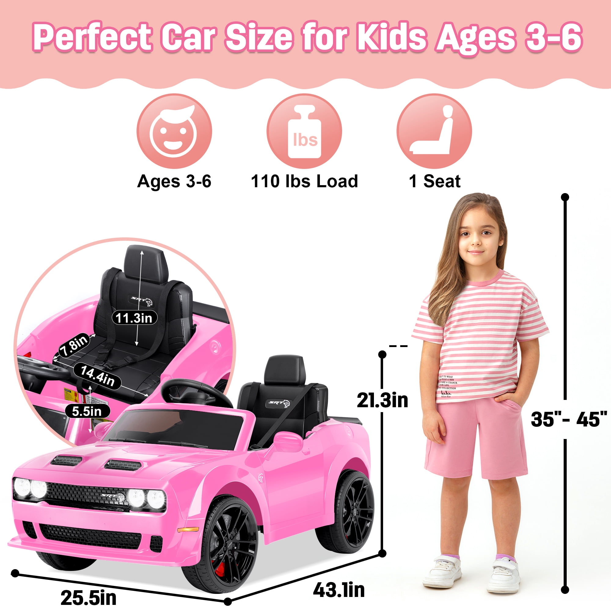 Dodge Challenger SRT Kids Ride on Car,Wisairt 12 V Battery Powered Electric Vehicle w/ Remote Control,Bluetooth,LED Lights(Pink)