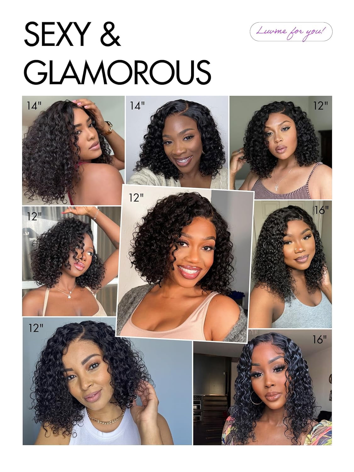 LUVME Deep Wave Glueless HD Lace 100% Human Hair Short Wigs 16" Pre Cut Plucked Natural Color Side Part Black