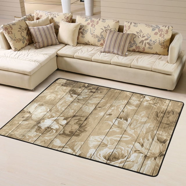 DouZhe Vintage Wood Roses Pattern Area Rugs Non-Slip Machine Washable Floor Mat, Nostalgic Country House Style Carpet Doormat, 63x48 inches