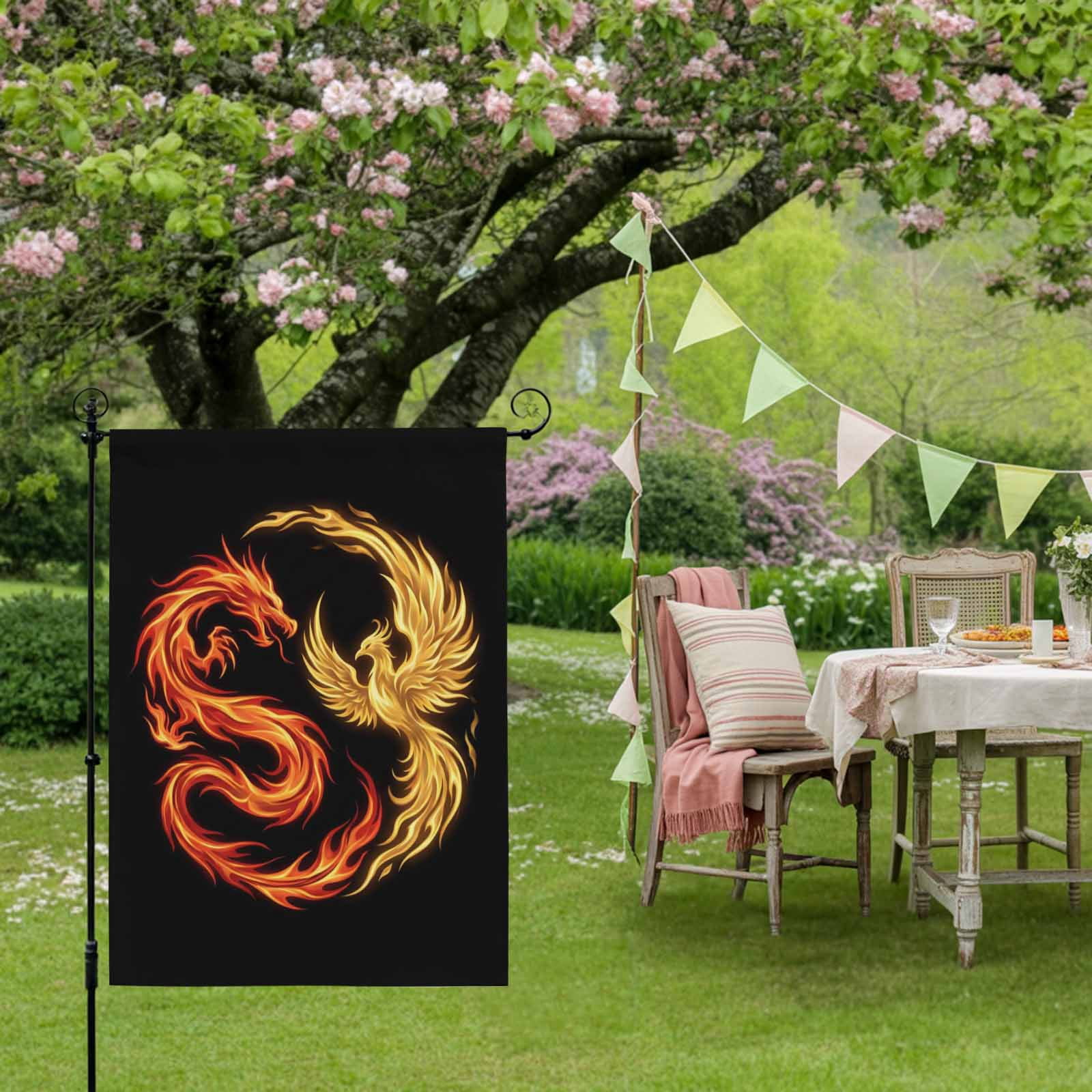 Dragon Phoenix House Flag 28 x 40 Inches, Modern Mythical Mysterious Gold Red Symbolic Black Weather Proof Outdoor Patio Flags Double Sided Small House Decoration for Yard Lawn Outside Home