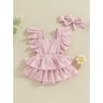 thumbnail image 2 of Newborn Baby Girls Summer Outfit, Fly Sleeve Square Neck Swiss Dots Layered Romper Dress with Hairband, 2 of 8