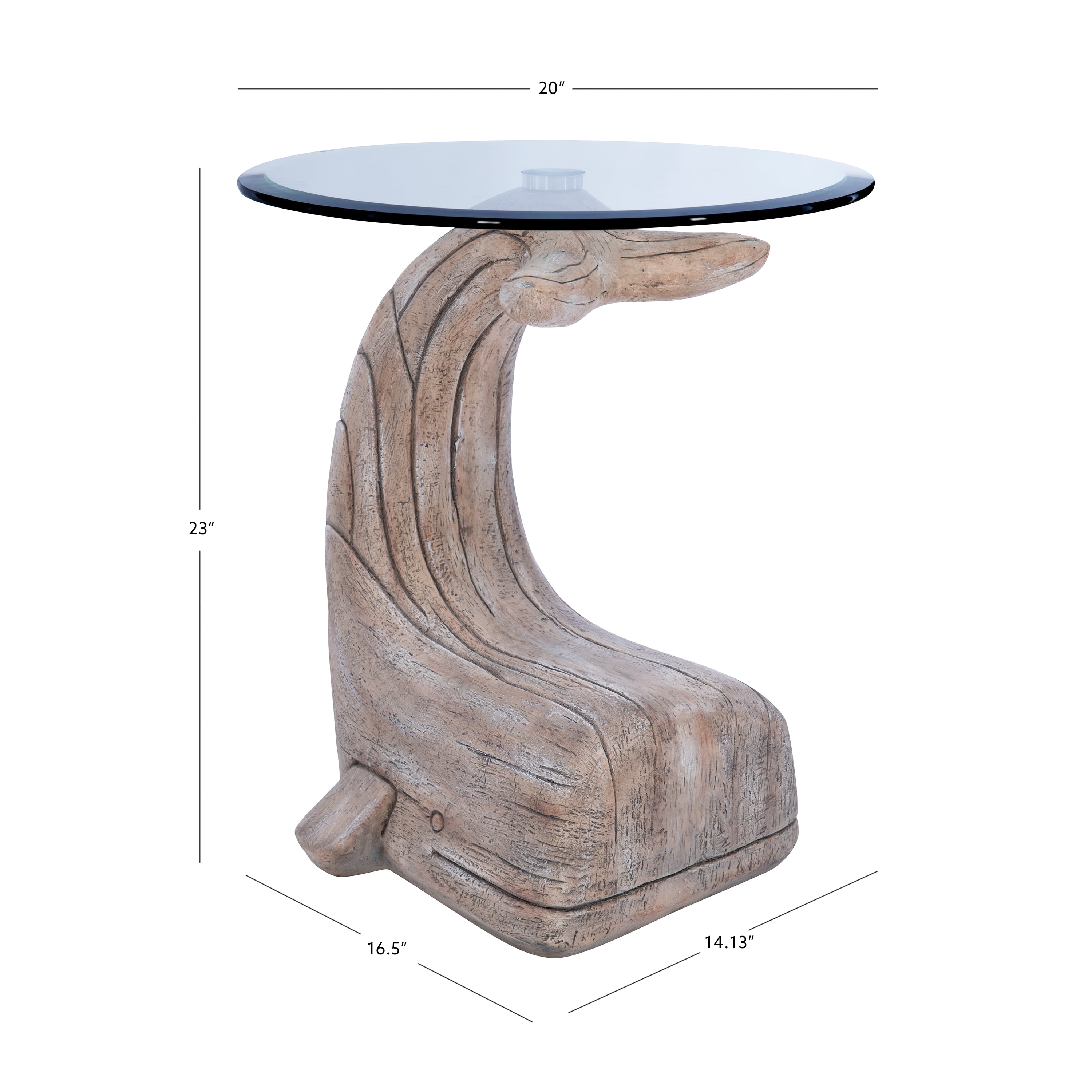 Powell Wendy Whale Indoor Accent Side Table with Glass Top, 23" Tall, Distressed Natural Driftwood