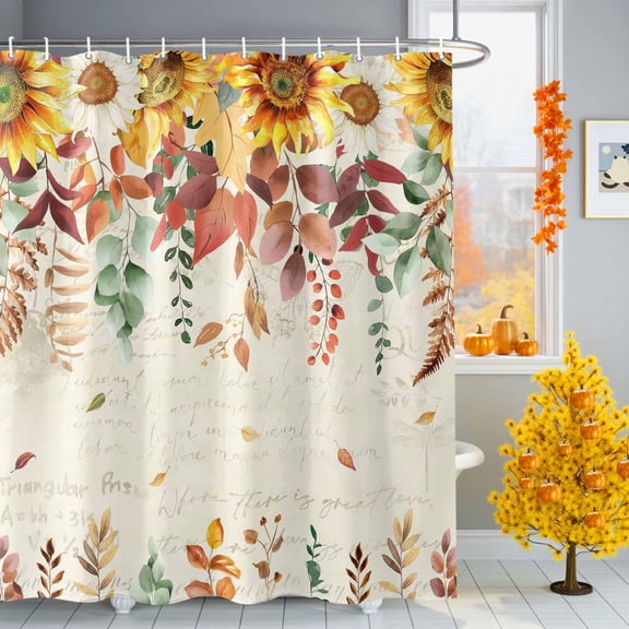 Autumn Sunflowers Eucalyptus Leaves Watercolor Shower Curtain for Bathroom, Vintage Letters Waterproof Shower Curtains Washable Quick Dry with Hooks Bathtub Curtains 72x72 IN