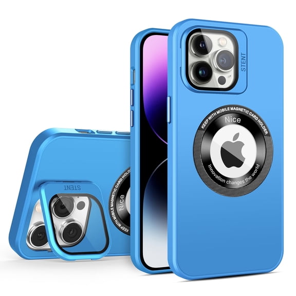 for iPhone 15 Pro Max Magnetic Case with Camera Lens Protector Kickstand [Compatible with MagSafe] Drop Protection Slim Fit Cover for Women Men Shockproof Logo View Phone Case,Blue