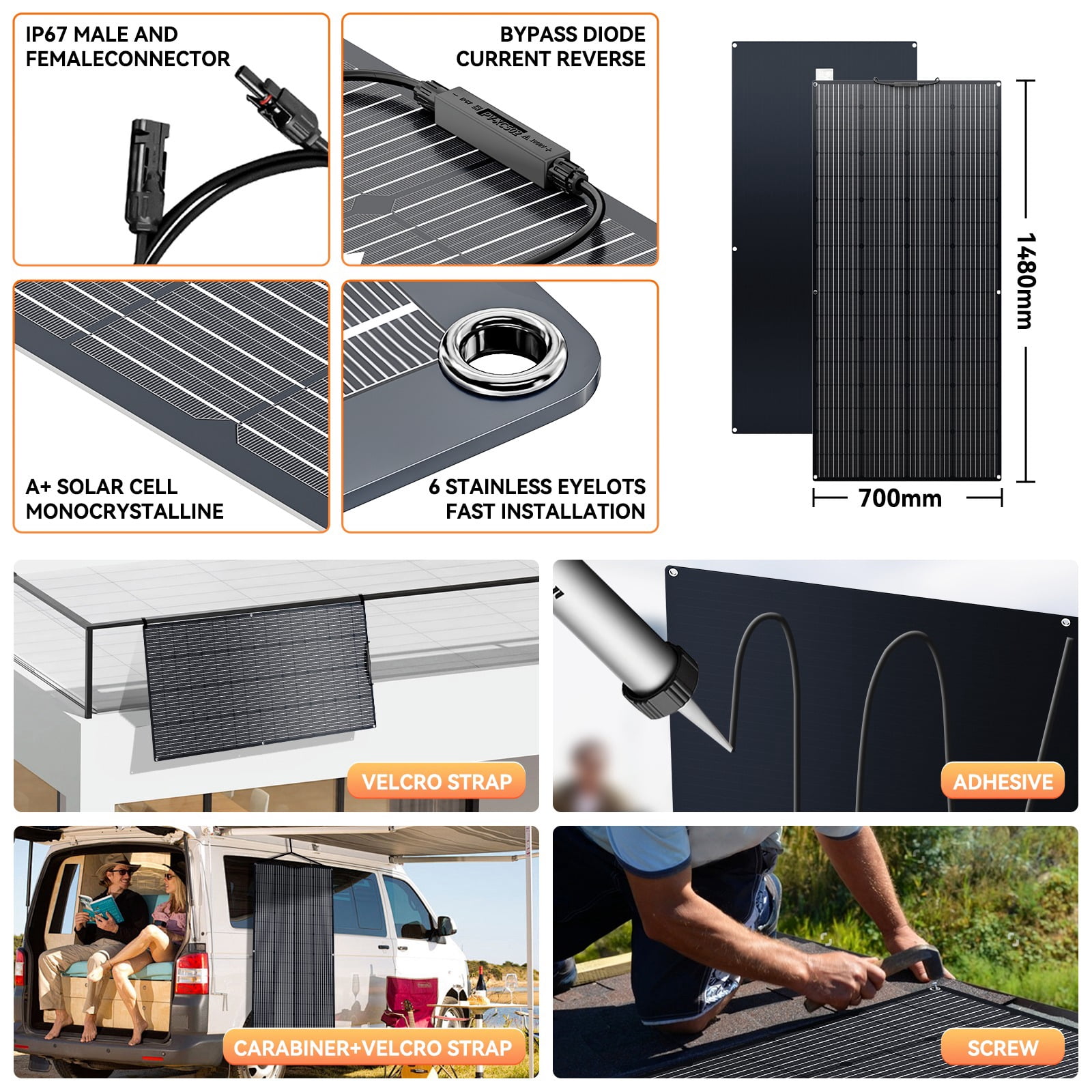 WERCHTAY 12V 200W Portable Flexible Solar Panel Mono Power RV Camping Home Boat Off-Grid