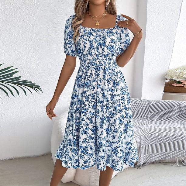 WILLBEST Vestidos De Lino Para Mujer, Vestido De Línea A Con Estampado Floral, Cuello Cuadrado, Manga Corta, Cintura Con Volantes En El Dobladillo Para Mujer
