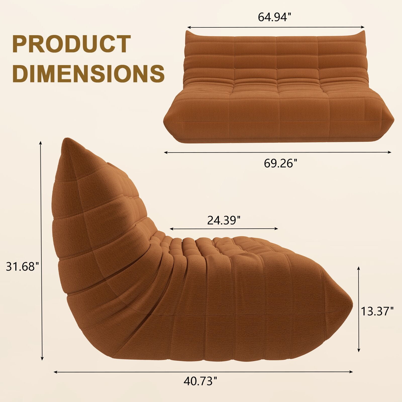 Kinbor 3-Seat Bean Bag Chair, Modern Lazy Sofa Floor Sofa Chair Bean Bag Chair, Big Fireside Bean Bag Lounger for Adults, Brown