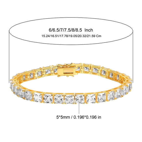 18K Yellow Gold Plated 5MM Cubic Zirconia Emerald Cut Classic Graduation Tennis Bracelet for Women Men Girls 7.5 inch